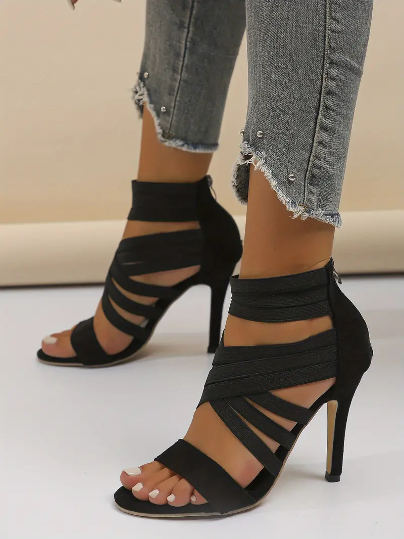womens open toe stiletto sandals elastic criss cross strap back zipper high heels fashion all match sandals details 3