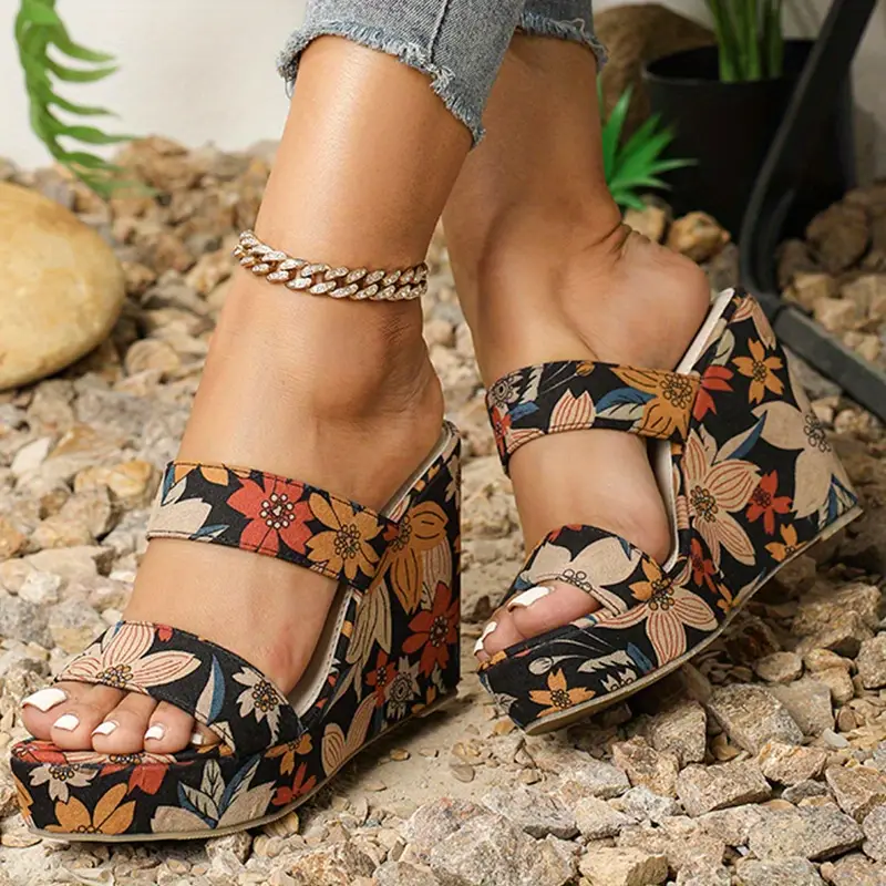 Women's Floral Print Wedge Sandals Open Toe Two Band Slip - Temu