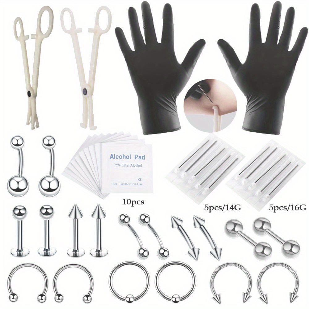 26Pcs Professional Body Piercing Kit Piercing Tool Piercing Needles 14G 16G  Navel Belly Button Jewelry Piercing Clamp Set