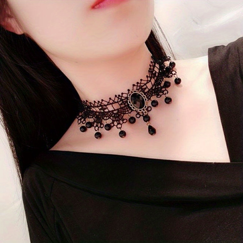 Goth Black Lace Purple Stone Pendant Choker Necklace for Women Vintage  Multilayer Metal Chain Halloween Party Jewelry Steampunk