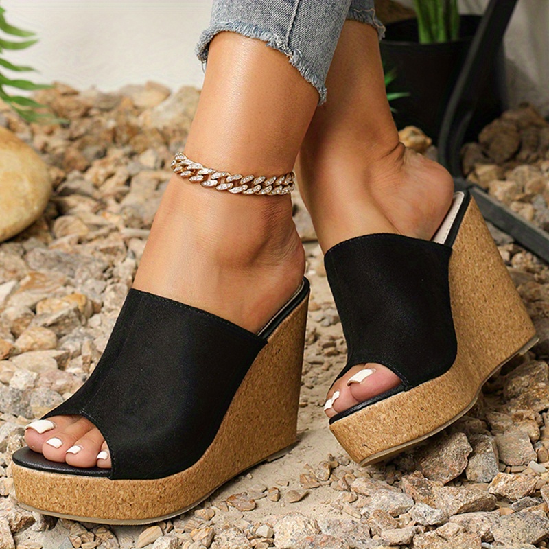 Women Chic Three-Color Stitching Sandals, Summer Ladies Wedge Sandals Low  Heel Slipper Footwear Peep-Toe Shoes 