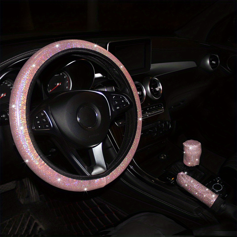 TEMU 3pcs Car Colorful Shiny Faux Leather Steering Wheel Cover, Cover, Gear Shift Cover Set, Comfortable And Soft Car Additions For Women