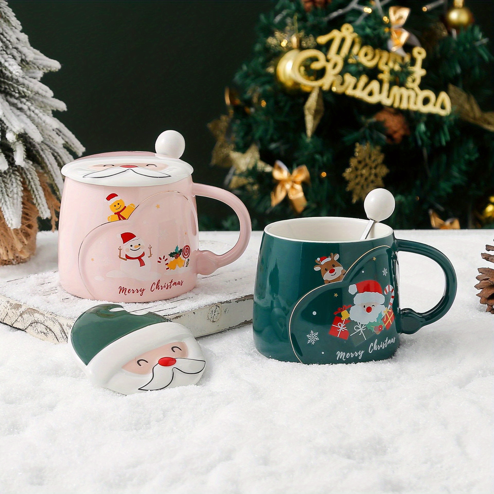 Christmas Glass Coffee Mug With Lid And Spoon, Cute Clear Glass