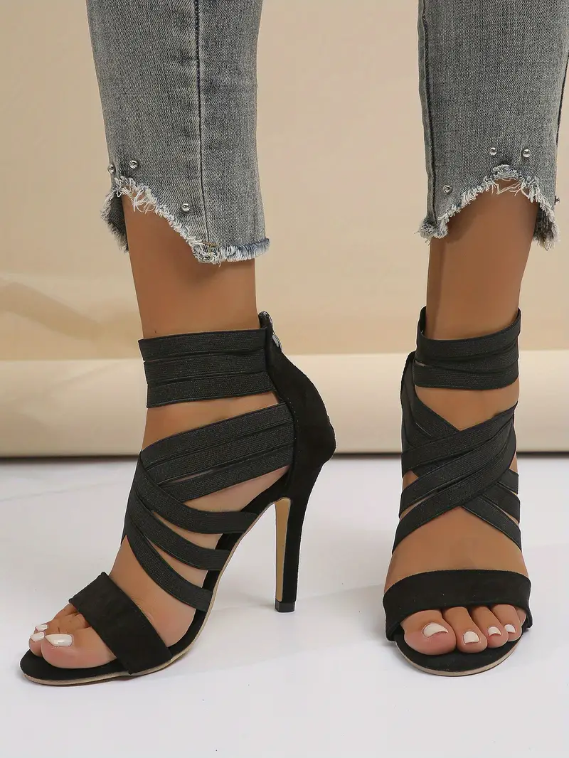 womens open toe stiletto sandals elastic criss cross strap back zipper high heels fashion all match sandals details 1