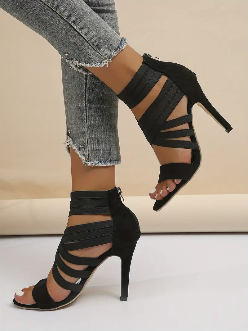 womens open toe stiletto sandals elastic criss cross strap back zipper high heels fashion all match sandals details 0