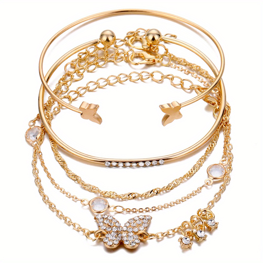 5pcs/Set Butterfly Rhinestone Bracelet Cuff Bangle Animal Design Jewelry  For Women Girls