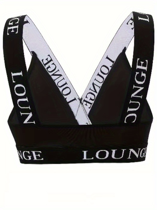 Plus Size Sexy Bra, Women's Plus Contrast Letter Tape Non Padded High Stretch Bralette