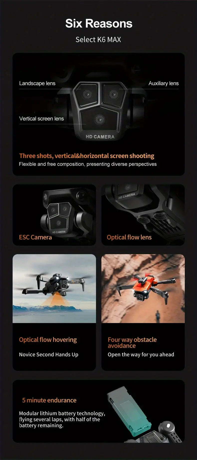 k6 max black optical flow hd triple camera remote control drone with 1 2 3 batteries esc camera 360 smart obstacle avoidance wifi fpv headless mode track flight foldable quadcopter details 1