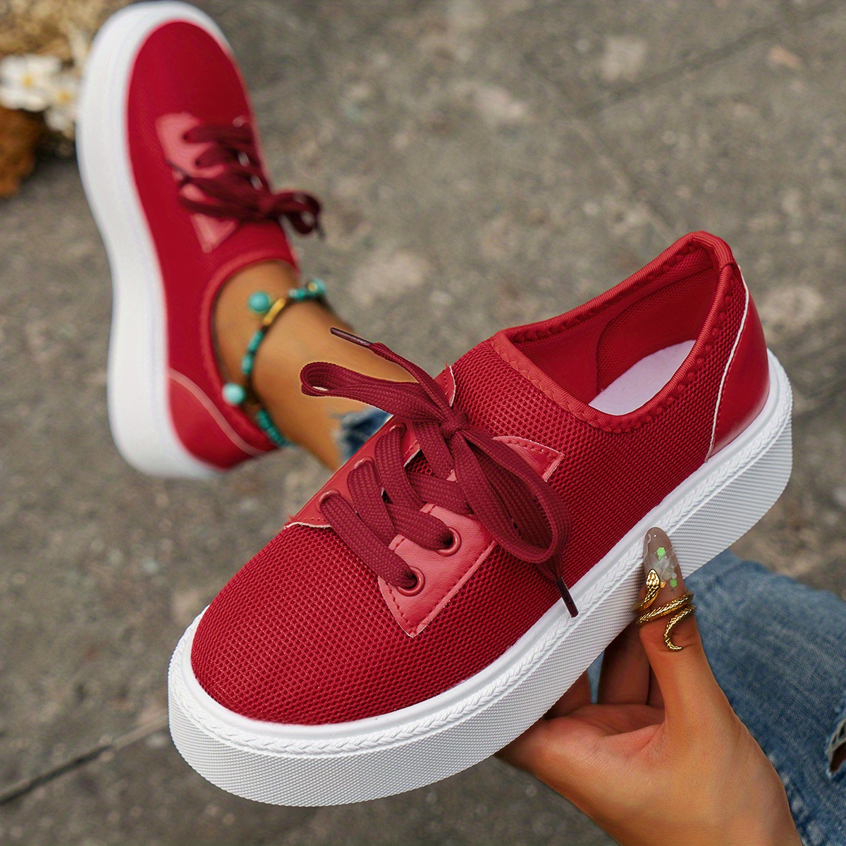 women's casual red sneakers breathable mesh fabric lace low Temu