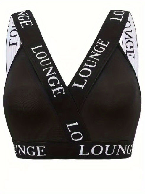 Plus Size Sexy Bra, Women's Plus Contrast Letter Tape Non Padded High Stretch Bralette