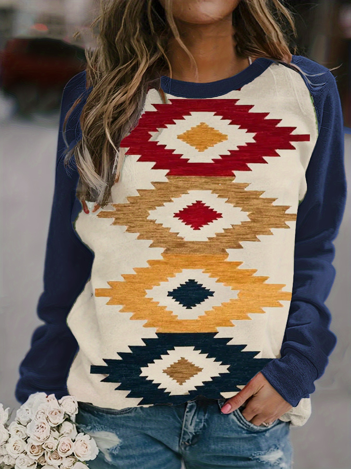 Western Ethnic Print Sweatshirt Vintage Long Sleeve Crew - Temu