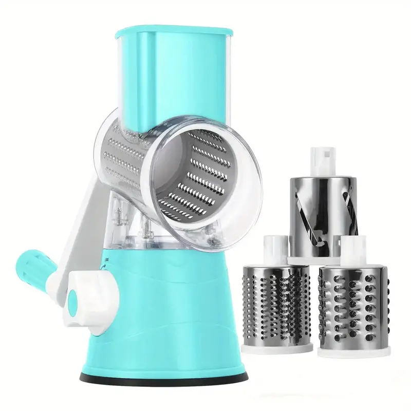 Christmas Sale! Rotary Cheese Grater, Handheld Vegetables Cheese Shredder  with Rubber Suction Base, 3 Stainless Drum Blades Included, Blue 