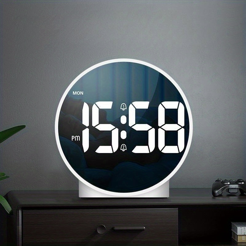 1pc Hd Mirror Digital Alarm Clock Time Day Week Display Dual Alarms