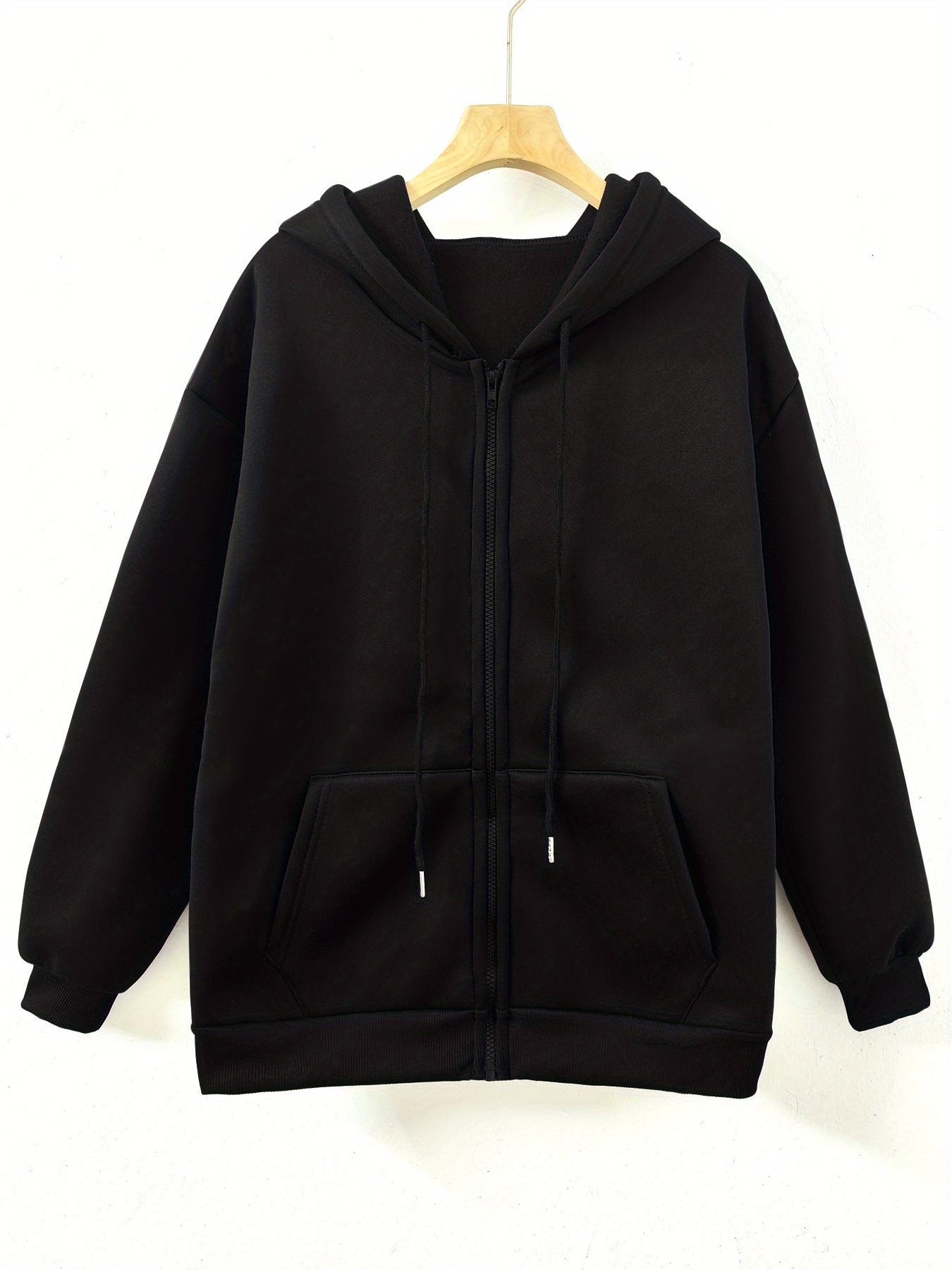 Solid Zip Slant Pockets Hoodie Long Sleeve Drawstring - Temu