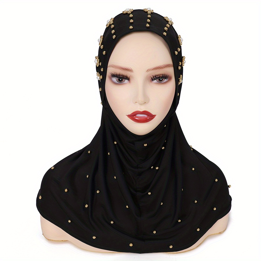 Solid Color Stretch Sports Hijab Golden Faux Pearl Decor Temu