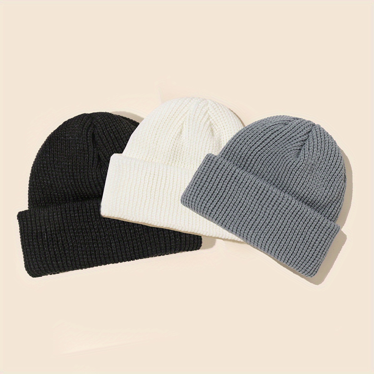 3pcs Set Unisex Solid Color Beanie Knit Bucket Hats