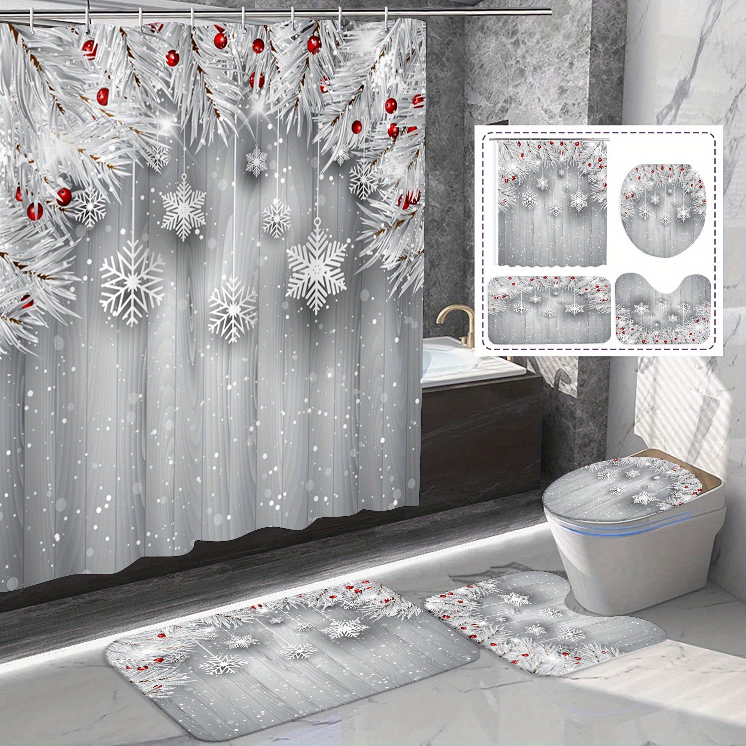 Christmas Bathroom Sets Decorations, Christmas Bathroom Sets Decor Merry Christmas Theme Shower Curtain and Bath Mat Set with Non-Slip Rug Toilet Lid