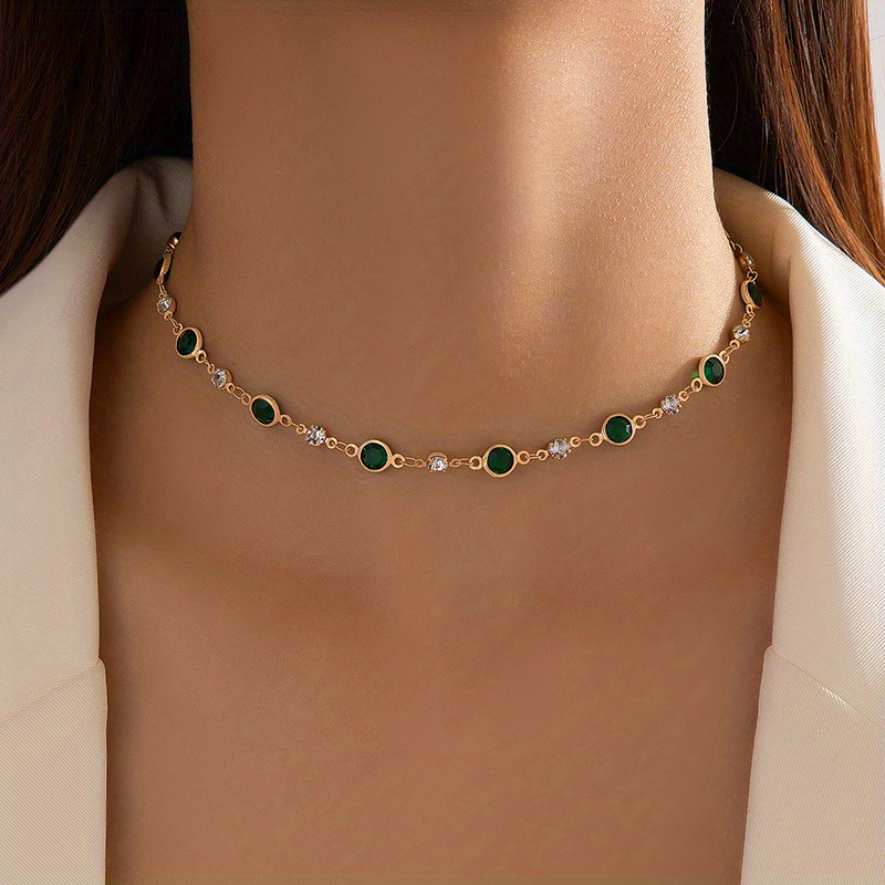 retro green synthetic gems short necklace clavicle chain fine jewelry for women details 0