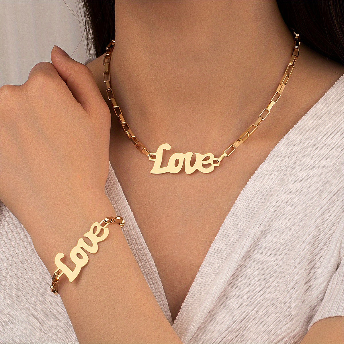 TEMU 2pcs Necklace Plus Bracelet Fashion Jewelry Set Trendy Love Design Match Daily Outfits Perfect Dating Gift For Your Love