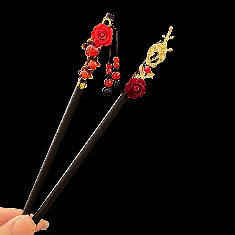 1pc Chinese Style Hair Sticks Vintage Wooden Red Flower Tassel Hairpins Elegant Romantic Plate Hair Accessories, Christmas Gifts,Temu