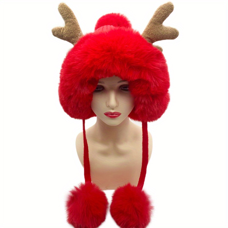 Image of Christmas Reindeer Antler Cute Pom Pom Hat For Women, Winter Warm -lined Ear Protection Hat, Wonderful Gift