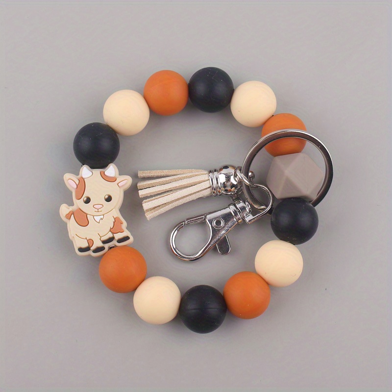 Silicone Beads Wristlet Keychain Pendant With Card Holder Cow Print Beads  Bangle Bracelet Keychain - Temu