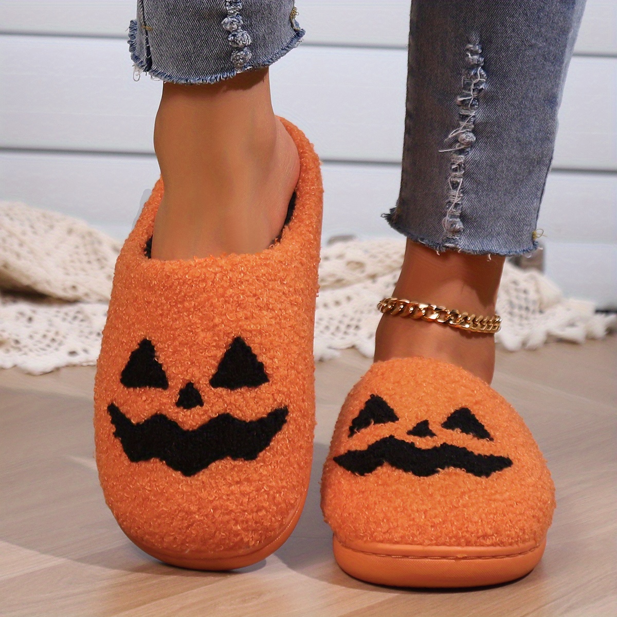 Fluffy Winter Warm Slippers Woman Girls Halloween Pumpkin Cartoon