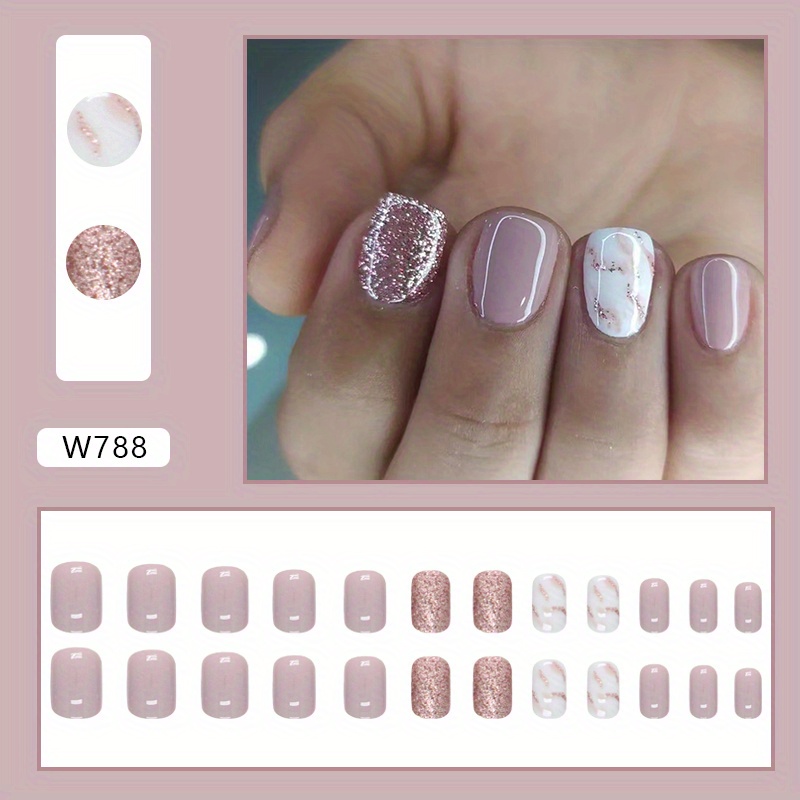 TEMU Lotus Pink Kurzsteinmuster Glitzer Ombre Funkelnagel Kunst Europäischer und Amerikanischer Stil Modische Falsche Nägel Bereit-zu-Tragen