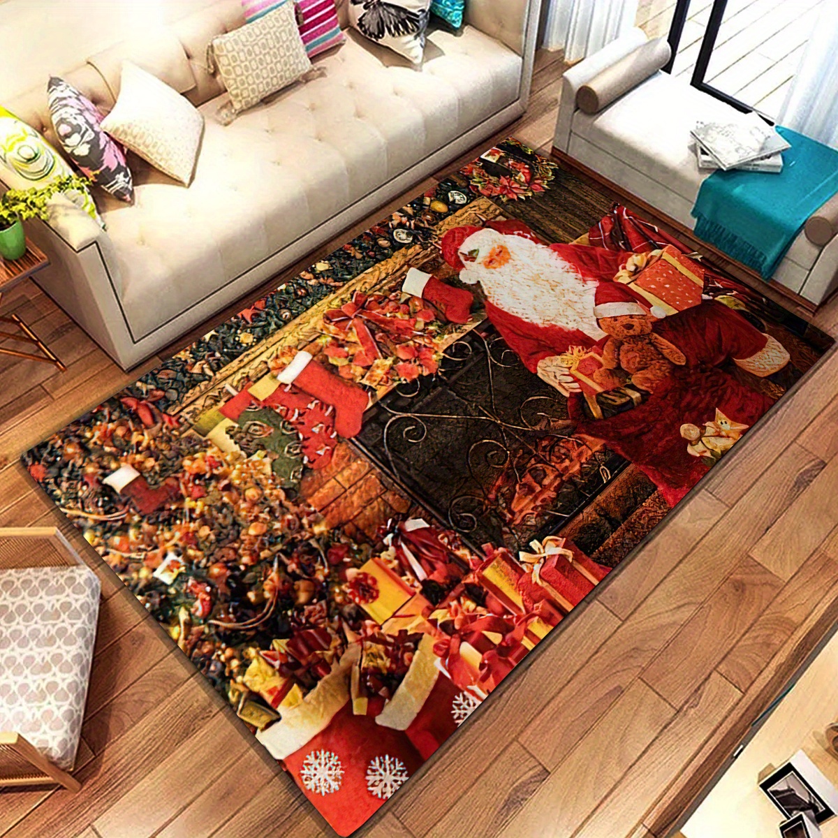 Christmas Area Rugs Santa Presents And Sleigh Rug Golden - Temu