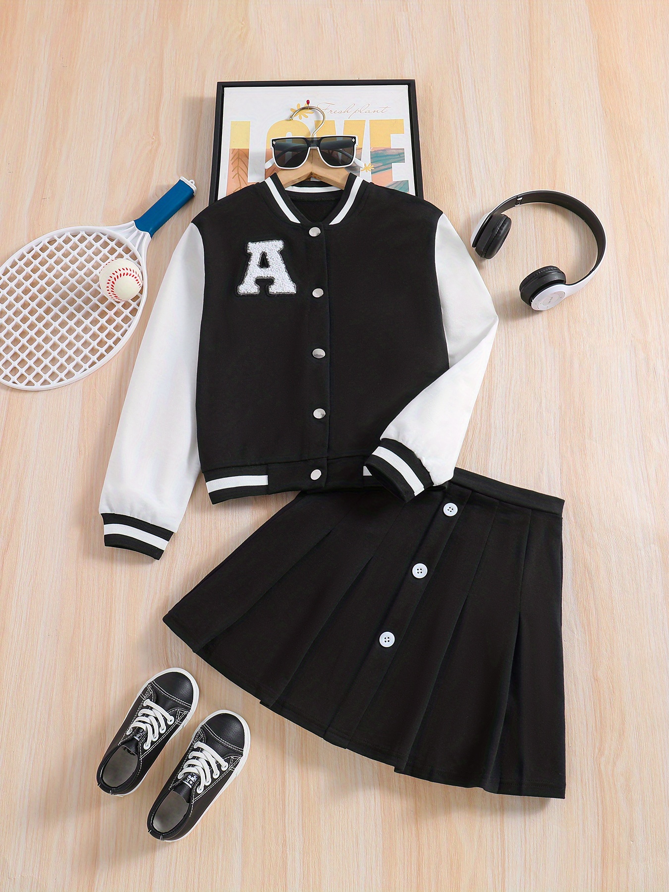 2pcs Girl's Varsity Jacket Outfit, Letter A Patched Bomber Jacket & Pleated Skirt Set, Preppy Style, Kid's Clothes for Spring Autumn,Black,Temu