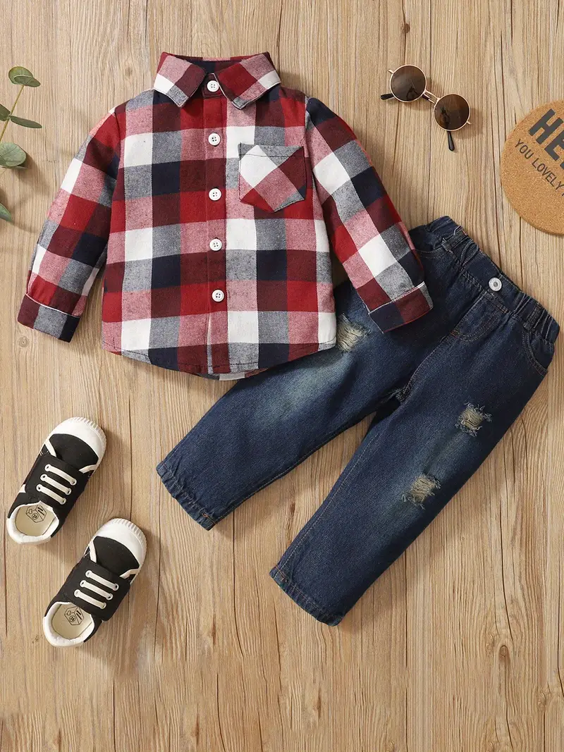 2pcs boys ripped jeans outfit plaid pattern shirt denim pants set casual long sleeve top kids clothes for spring fall winter as christmas gift details 2