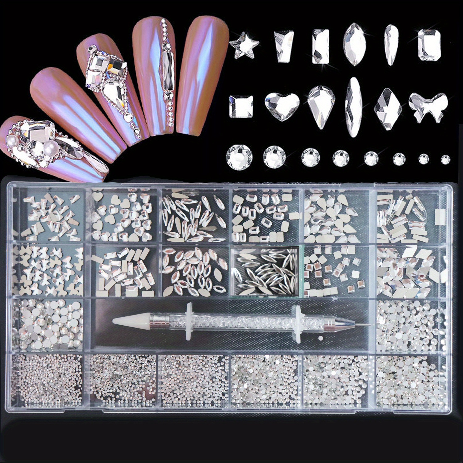  Black Nail Jewels for Nail Art - 3100pcs Crystals Rhinestones  for Nails, 12 Types of 600 Special-Shaped Stones Diamonds + 2500  Flat-Bottomed Rhinestones Kit, Swarovski Jewels for Nails DIY Design 