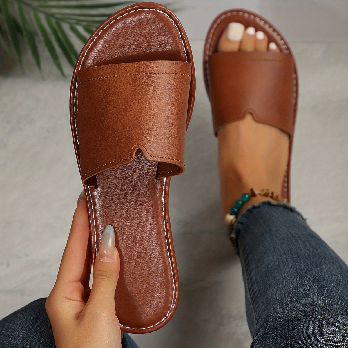 Image of Women's Comfortable Flat Slippers, Round Toe Open Toe Non-slip Slides, Home Outdoor Beach Sandals, Women Shoes