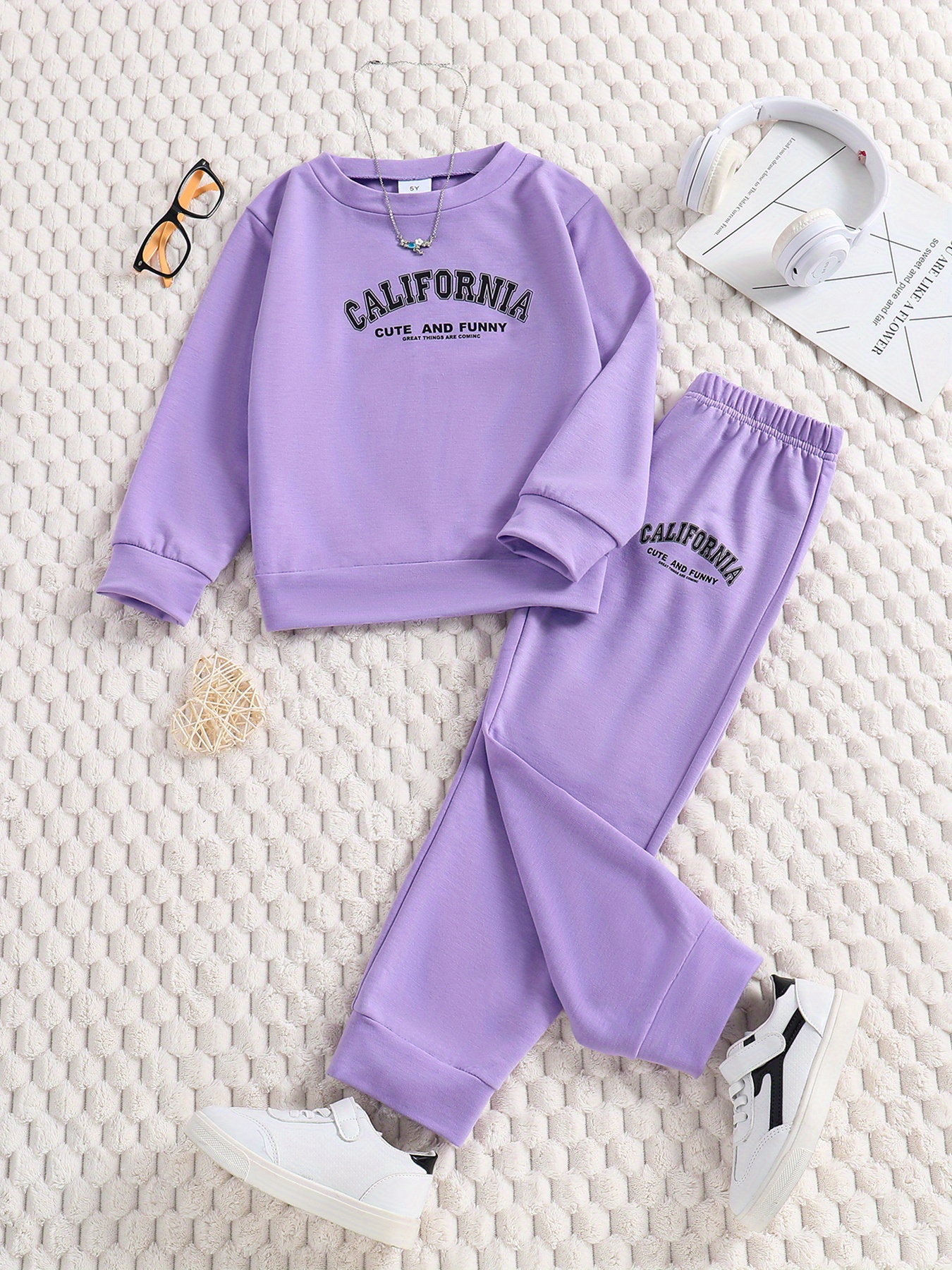 Girl's California Print Outfit, Hoodie & Trendy Cargo Pants Set