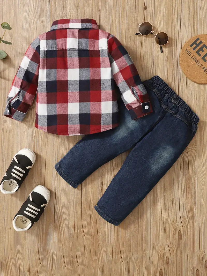 2pcs boys ripped jeans outfit plaid pattern shirt denim pants set casual long sleeve top kids clothes for spring fall winter as christmas gift details 1