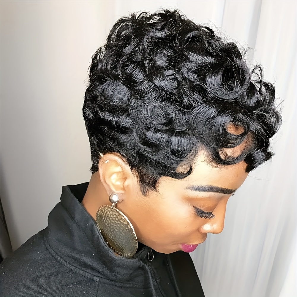 

Pixie Cut Wig With Bangs Short Curly Wigs For Women Black Mixed Silver Deep Wave Short Pixie Synthetic Wig Short Cut Layered Wigs For Women
