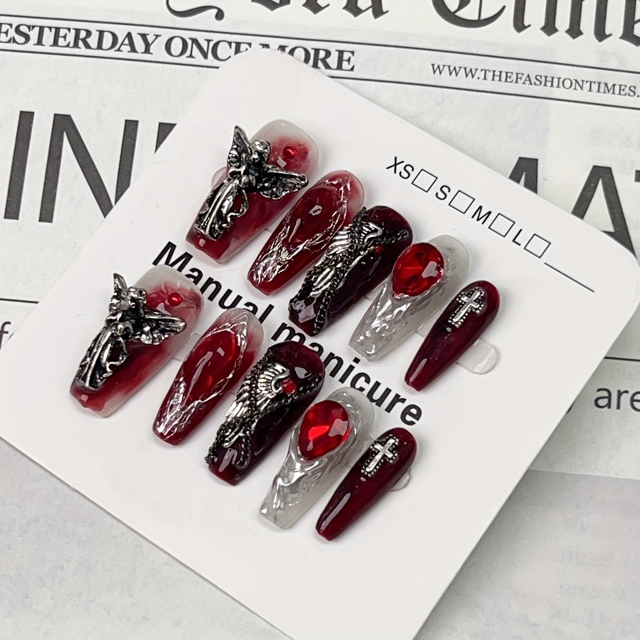 

10pcs Punk Style Handmade Press On Nails Red Fake Nails With Metallic Angel Cross Red Rhinestone Design, Glossy Long Coffin False Nails For Women Girls
