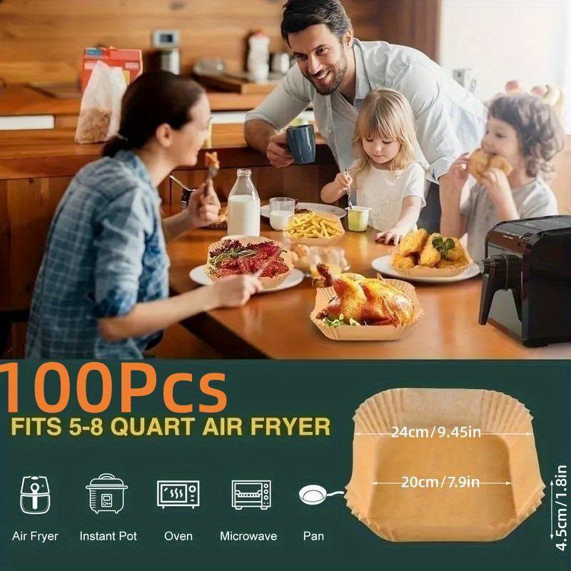 Non-Stick Air Fryer Liners Square Free of Bleach Air Fryer Paper Liners,100Pcs  Parchment Paper, Air Fryer Disposable Paper Liner for Microwave, (7.9IN) 