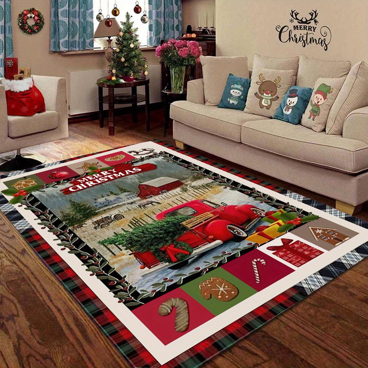 Christmas Area Rugs Santa Presents And Sleigh Rug Golden - Temu