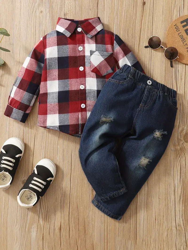 2pcs boys ripped jeans outfit plaid pattern shirt denim pants set casual long sleeve top kids clothes for spring fall winter as christmas gift details 0