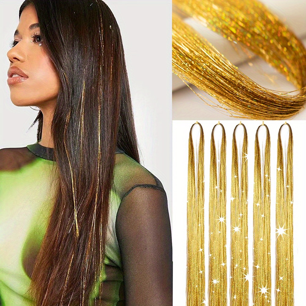 Shining Gold Tinsel Hair Extensions 19.5 Inches Hair Tinsel Glitter Hair  Extensions For Women Girls Hair Accessories For Gifts - AliExpress