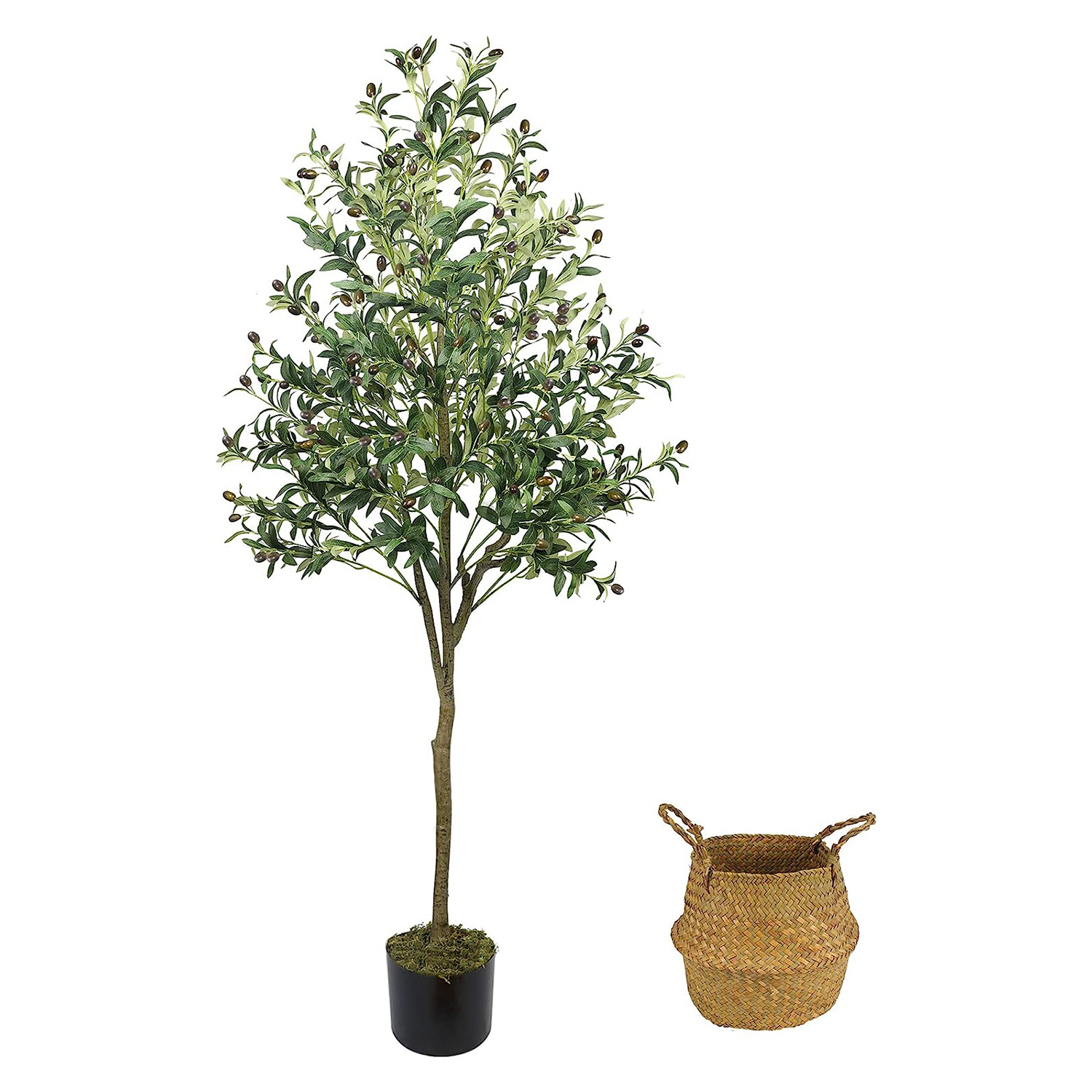 Árbol de olivo artificial, planta de olivo artificial de 6 pies en maceta,  16 ramas y frutas, adecuada para salas de estar modernas, hogar, oficina