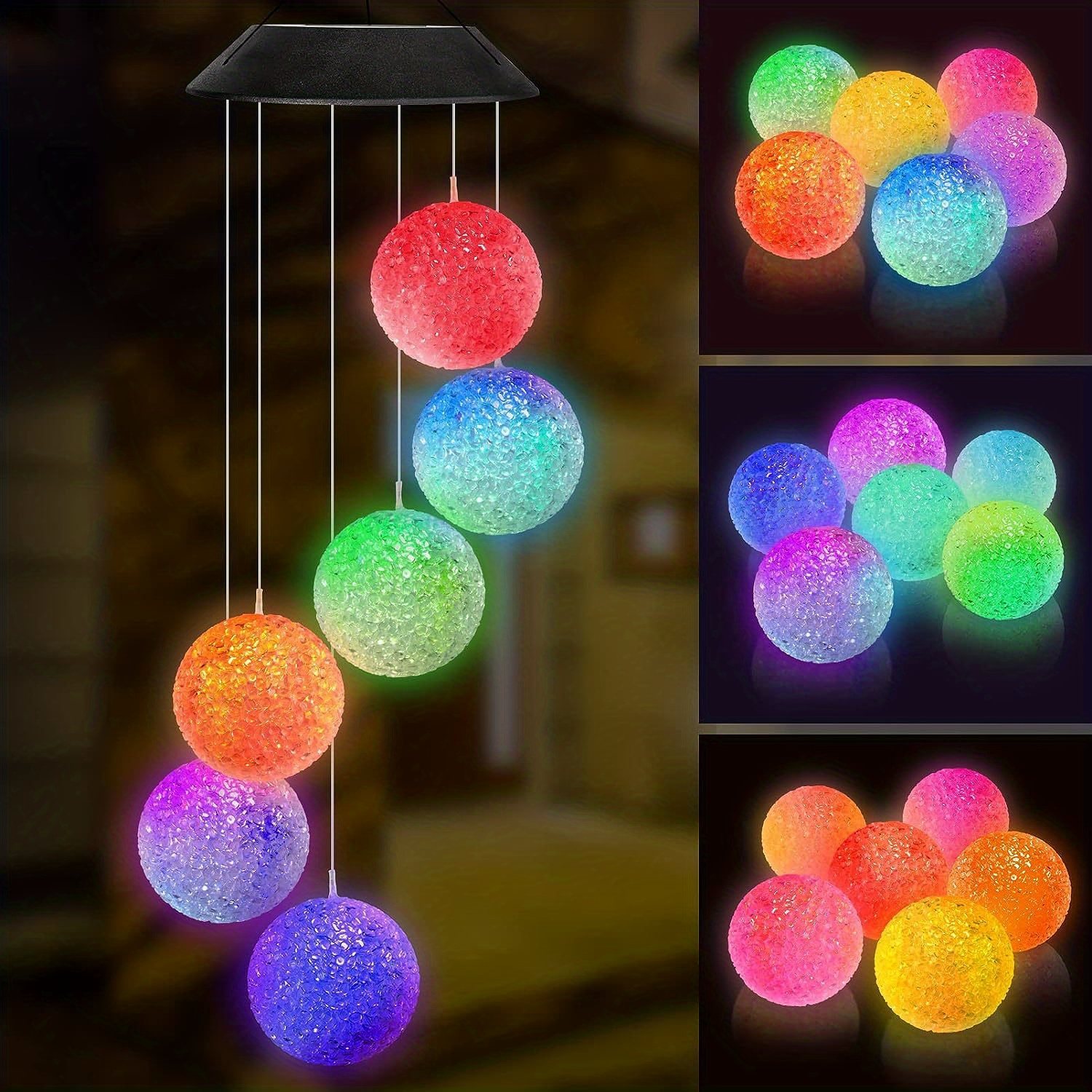 Image of 1pc Solar Wind Chime Lamp Decoration Particle Balls Hanging Lamp Outdoor Courtyard Color Lamp Garden Landscape Color Hanging Lamp, Solar Patio Lamp, Solar Rice Ball Decoration Wind Chime Chandelier