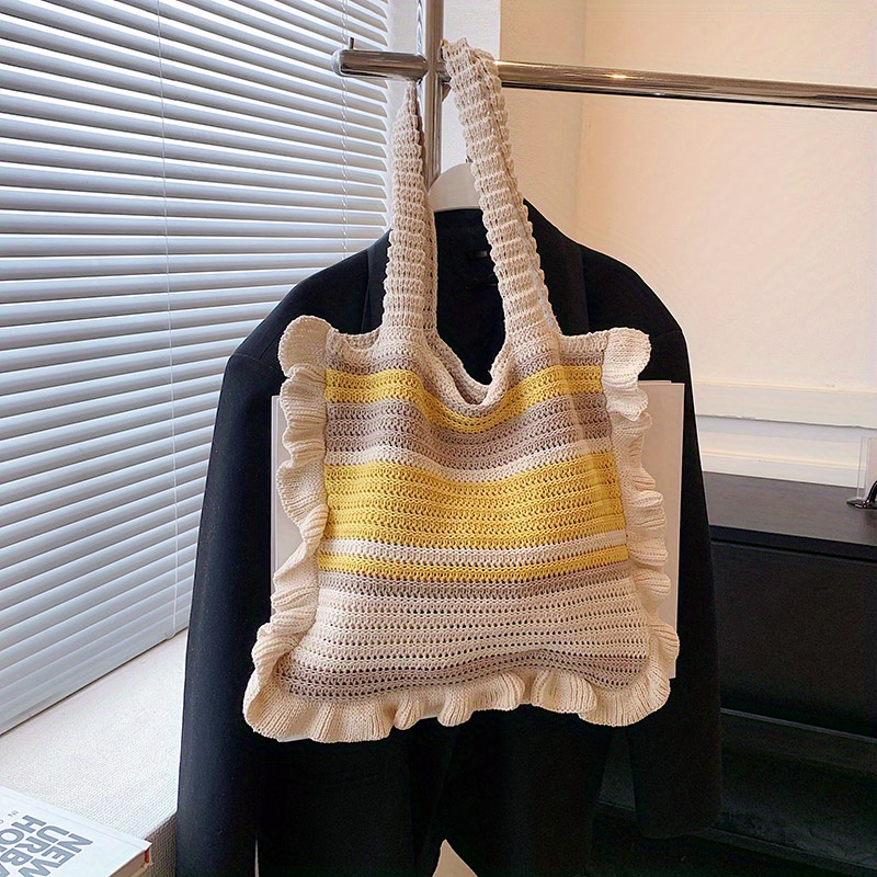 Colorblock Crochet Bag Number Pattern Shoulder Tote Bag for Vacation