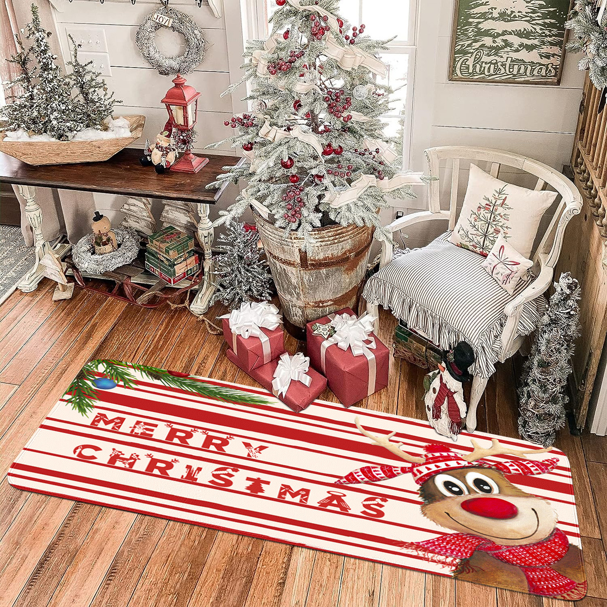 Christmas Runner Rug Santa Claus Area Rug for Kitchen Bedroom Living Room,  Anti-Slip Christmas Rugs Door Mat Indoor Entry Rug Floor Carpet for Xmas