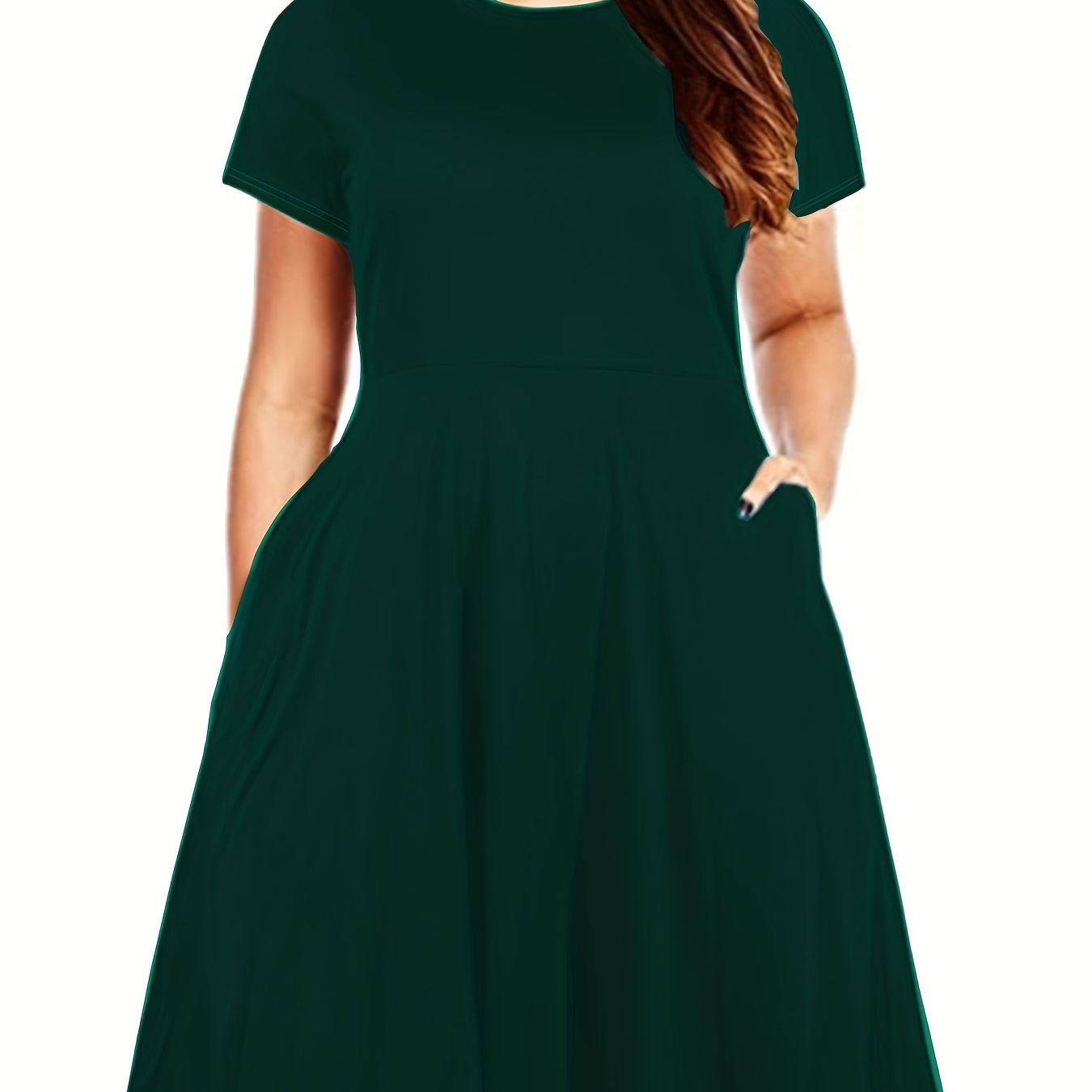 

Plus Size Solid Short Sleeve Midi Dress With Pocket, Women's Plus Medium Stretch Fashion Midi Dress