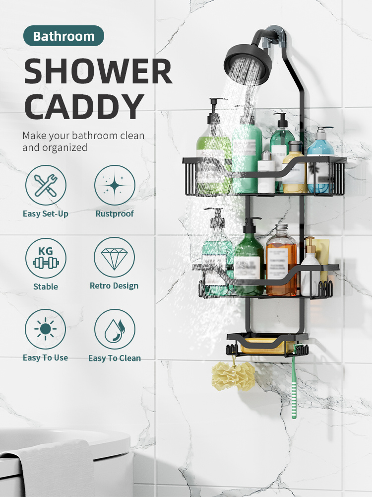Bathroom Hanging Shower Caddy, Over Shower Head Organizer, Rustproof Shower  Organizer With Hooks And Adhesives, Anti-swing Over The Shower Head Caddy,  Bathroom Accessories - Temu