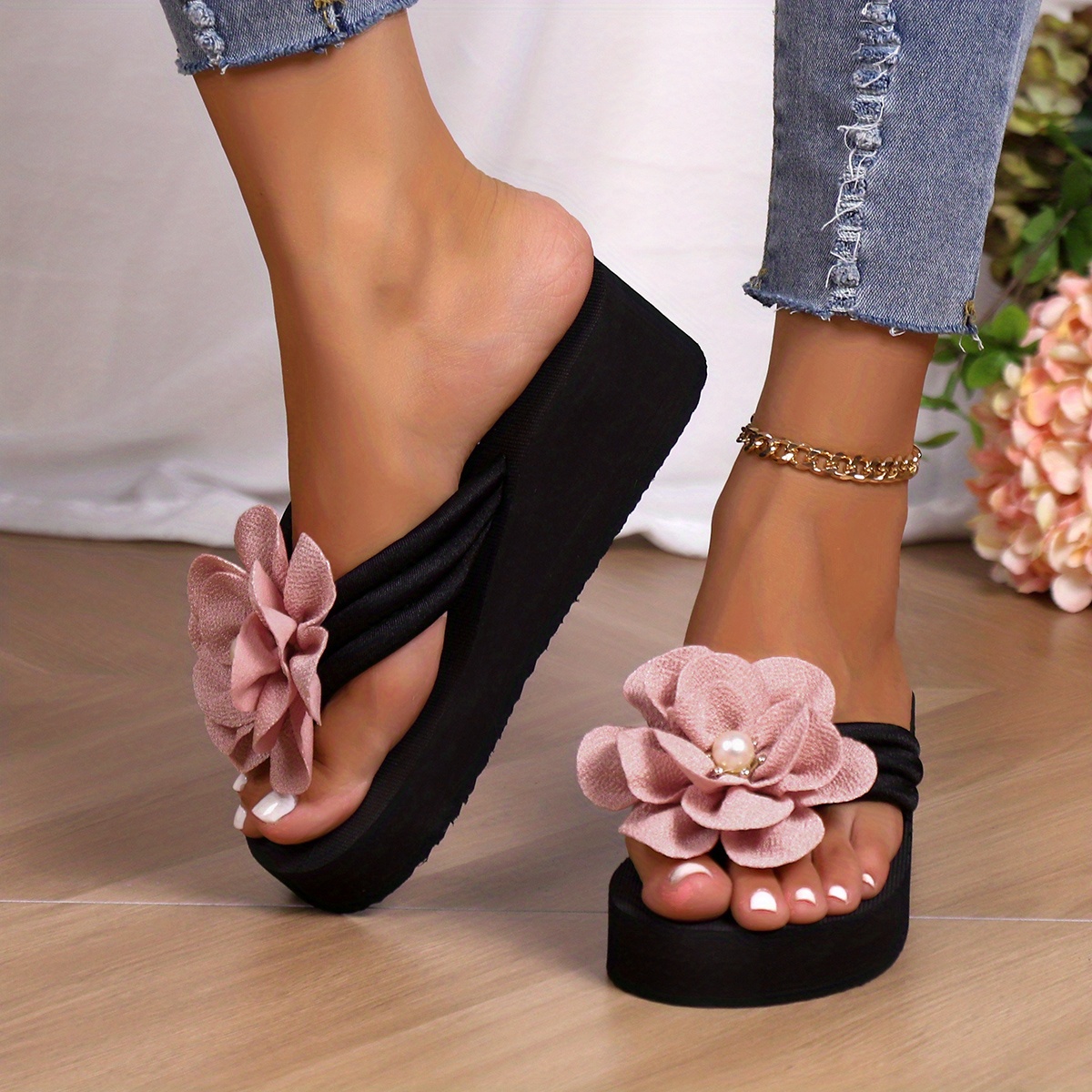 Summer Flip Flops Wedges for Women Flower Sandals for Women Wide
