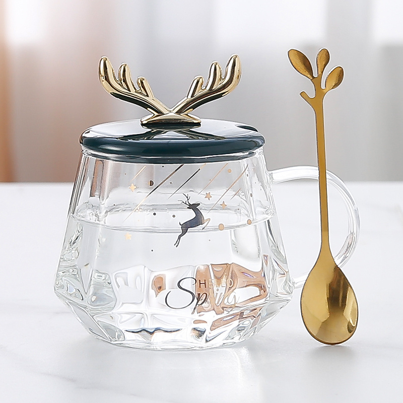 Christmas Glass Coffee Mug With Lid And Spoon, Cute Clear Glass