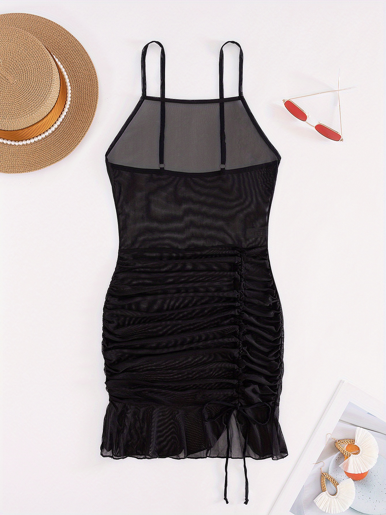 Drawstring Tie Side Ruffled Onepiece Cover Up Dress, Square Neck